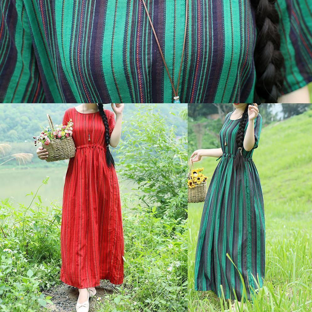 Green Striped Cotton Long Shirts Drawstring Loose Summer Dresses