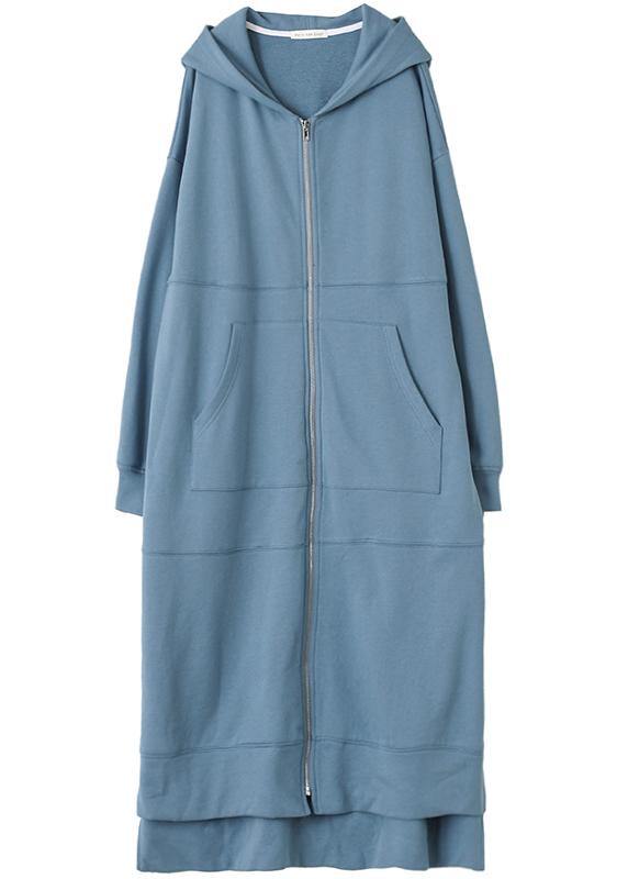 Hooded Side Open Coats Blue Daily Coats