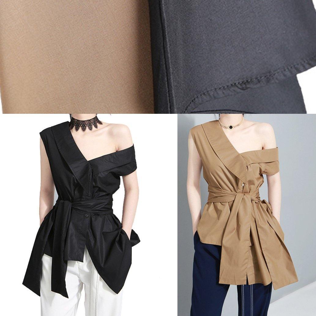 Khaki Cotton Clothes Tie Waist Art Summer Asymmetric Off the Shoulder Shirt