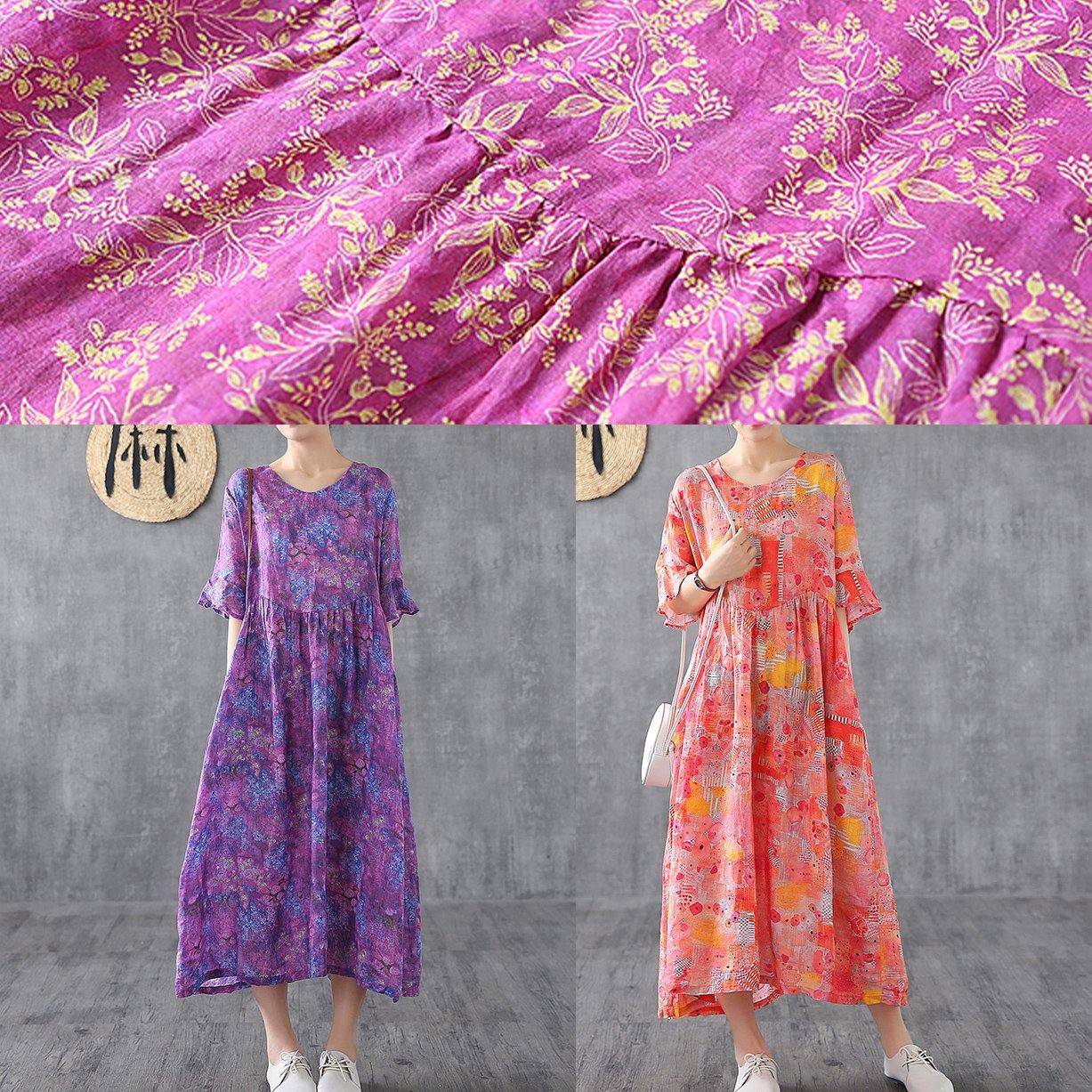 Orange Print Linen Dress O Neck Petal Sleeve Robe Summer Dress