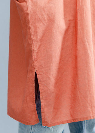 Orange Red Linen Crane Tops Tutorials Lapel Embroidery Summer Shirt