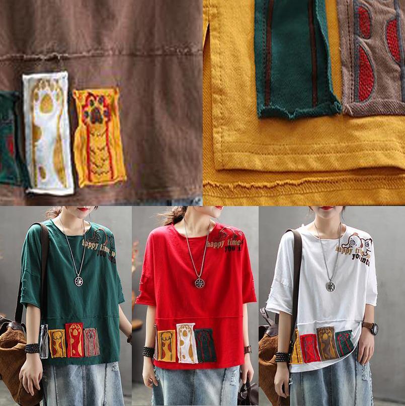 Red Cotton Clothes for Korea Summer Loose Retro Ripped Hole Embroidery T-shirt