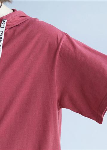 Red Cotton Tunic Top Hooded Pockets Dresses Summer Top