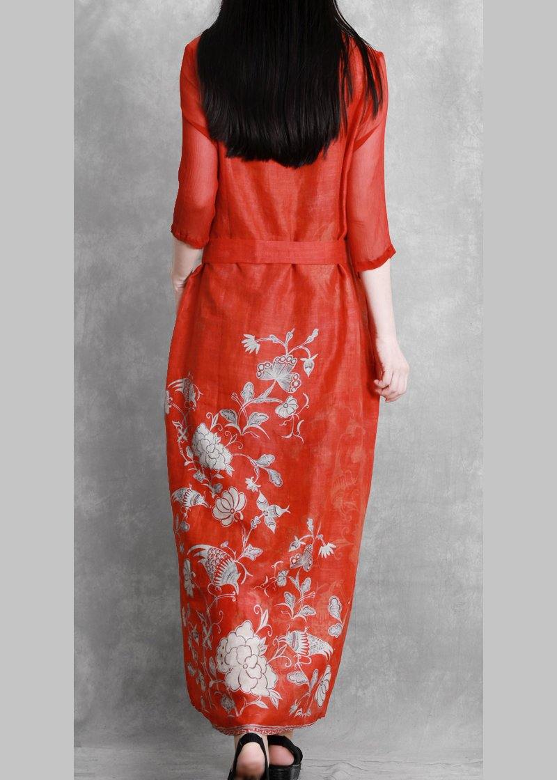 Red Print Robes V Neck Tie Waist Maxi Dresses
