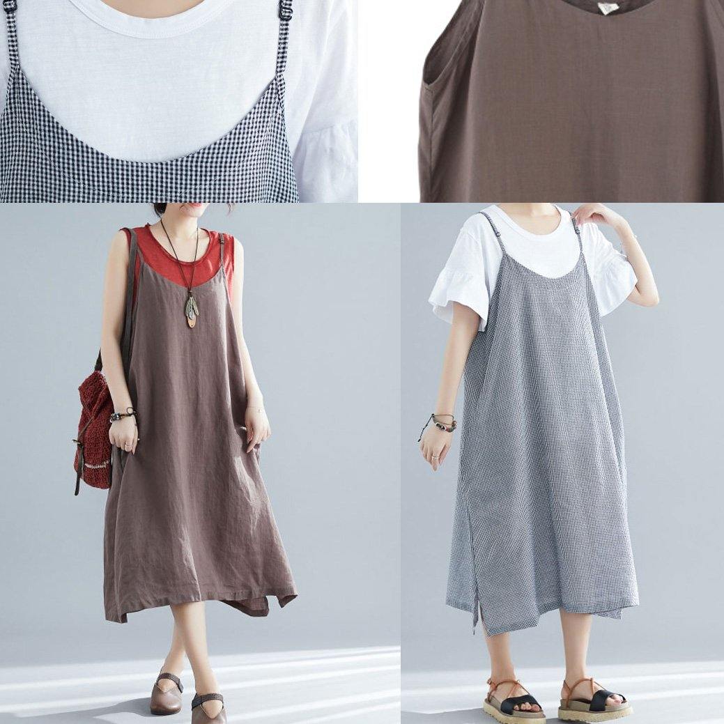 Sleeveless Cotton Clothes for Tunic Tops Plaid a Line Dresses Summer