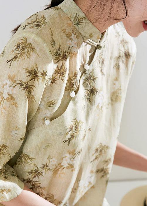 Stand Collar Half Sleeve Linen Dress Fabrics Light Yellow Print Dress