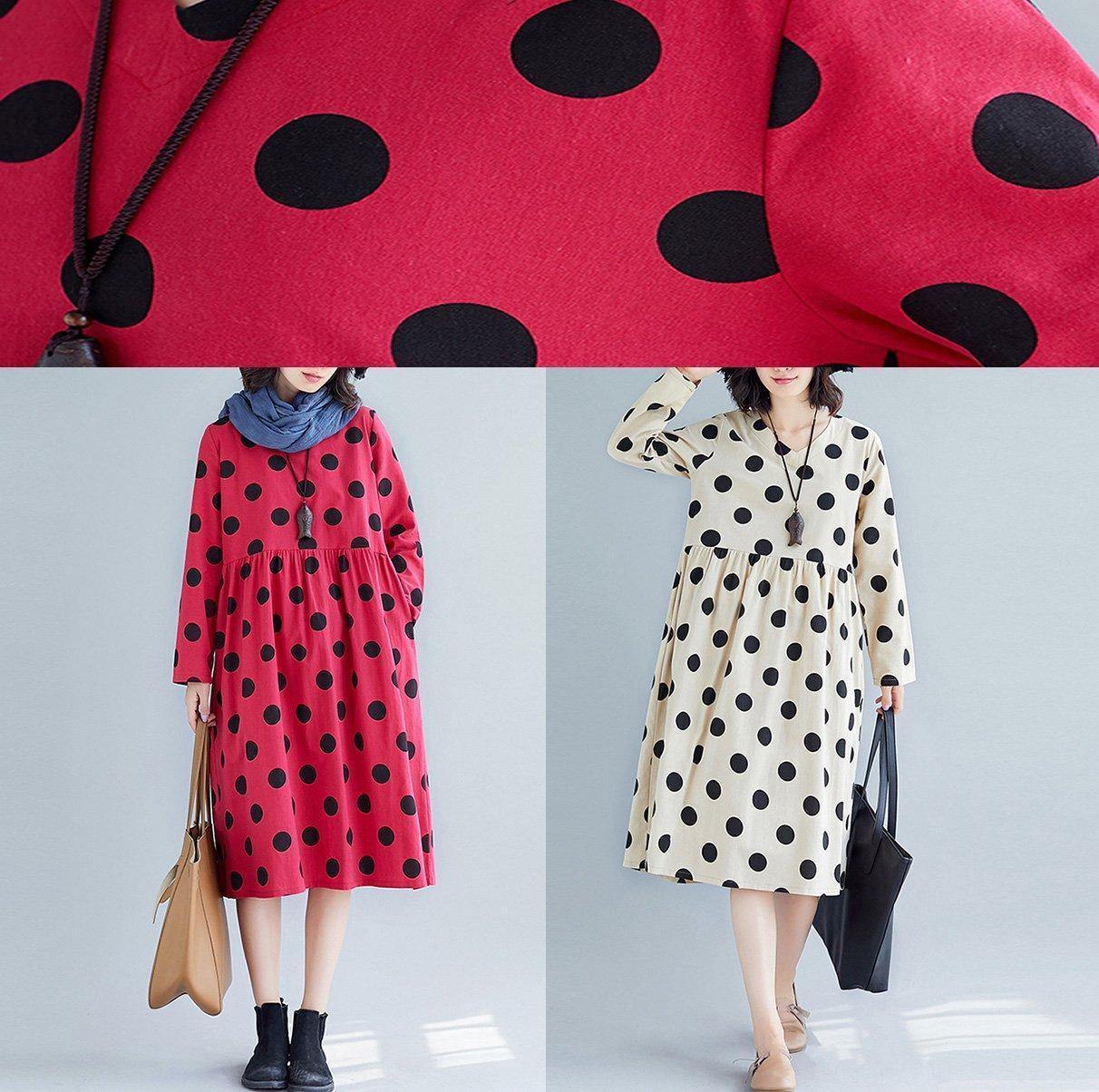V Neck Cotton Quilting Dresses Tunic Tops Red Dotted Dress Fall