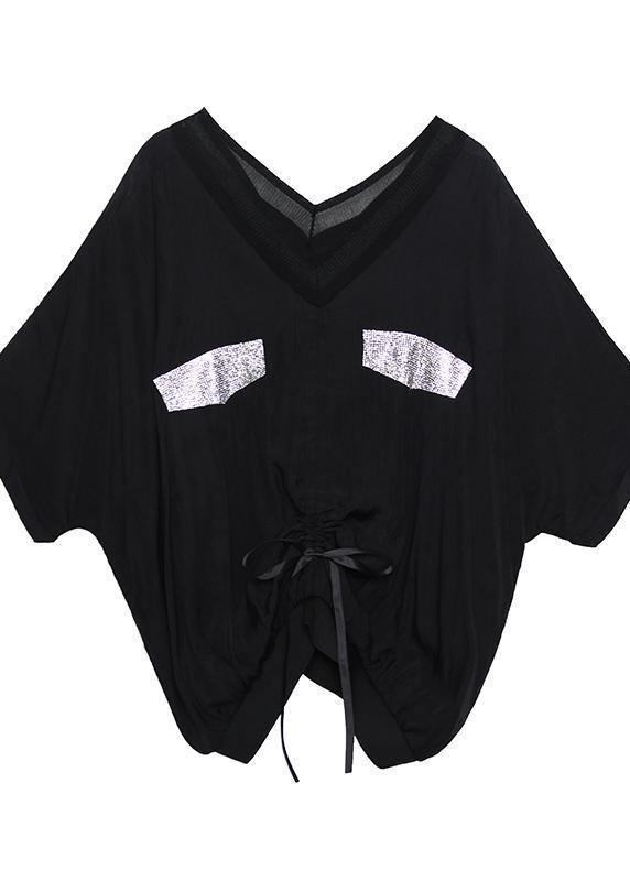 V Neck Drawstring Cotton Shirts Work Black Top Summer