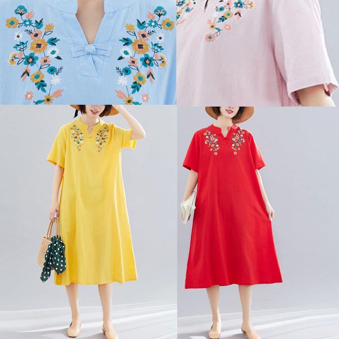 V Neck Linen Clothes Neckline Pink Embroidery Dress Summer