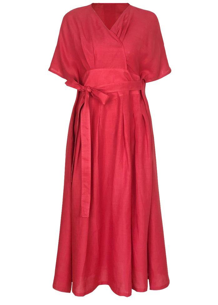 V Neck Tie Waist Linen Clothes for Inspiration Red Dress Summer
