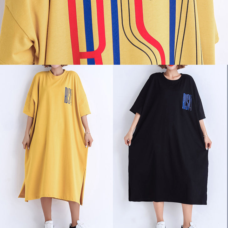 Yellow Cotton Dress Fabrics O Neck Side Open Art Summer Dresses