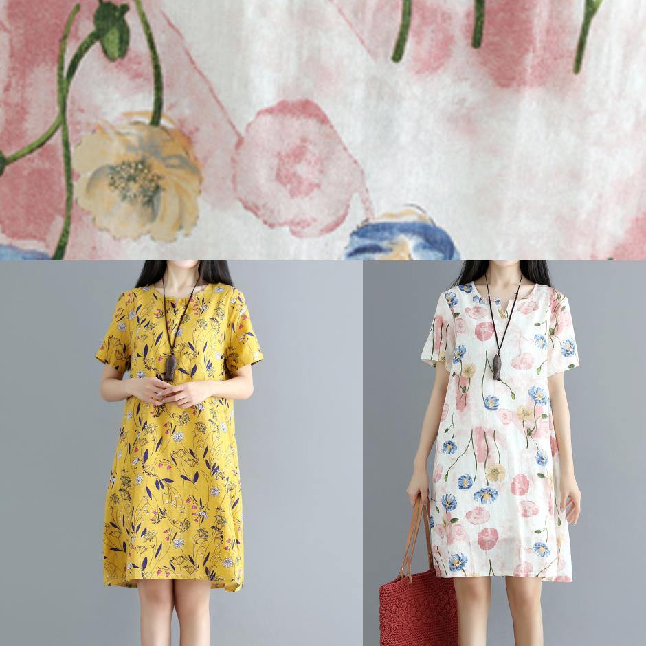 Yellow Prints Cotton Clothes Loose Waist Daily Summer Dress