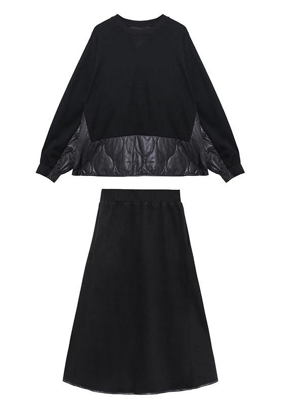 Retro Winter Black Patchwork Sweater Skirt Two Piece Set