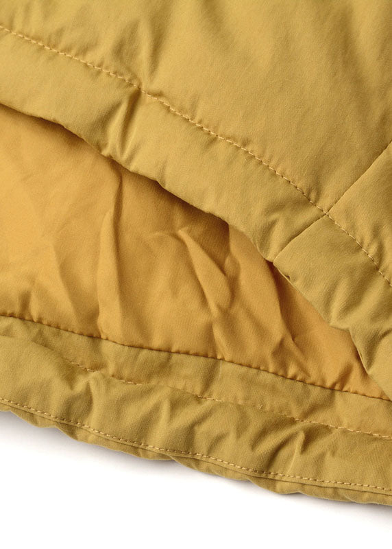 Yellow Hooded Fur Collar Drawstring Duck Down Puffers Jackets Winter