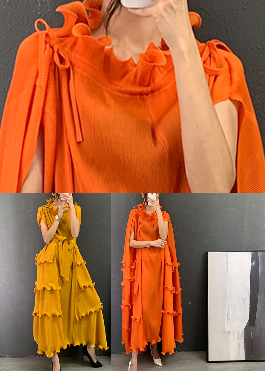 Yellow O-neck Ruffled Tie Waist Long Dresses Short Sleeve