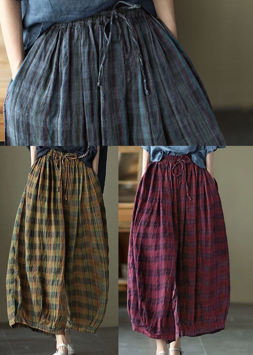 Yellow Plaid Print Cotton Wide Leg Pants Drawstring Spring