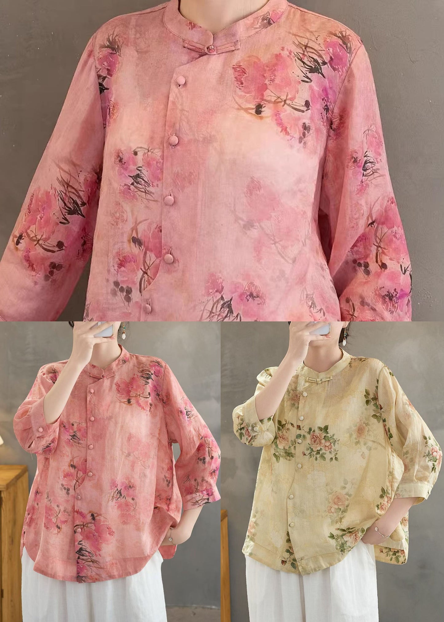 Yellow Print Linen Shirts Stand Collar Chinese Button Summer