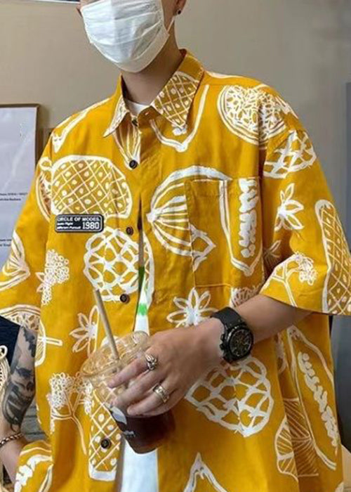 Yellow Print Pockets Cotton Shirts Peter Pan Collar Half Sleeve