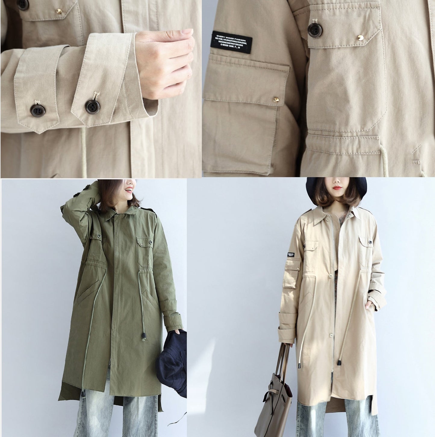 Autumn Beige Cotton Trench Coat Tie Waist Loose Pockets Lapel Parka