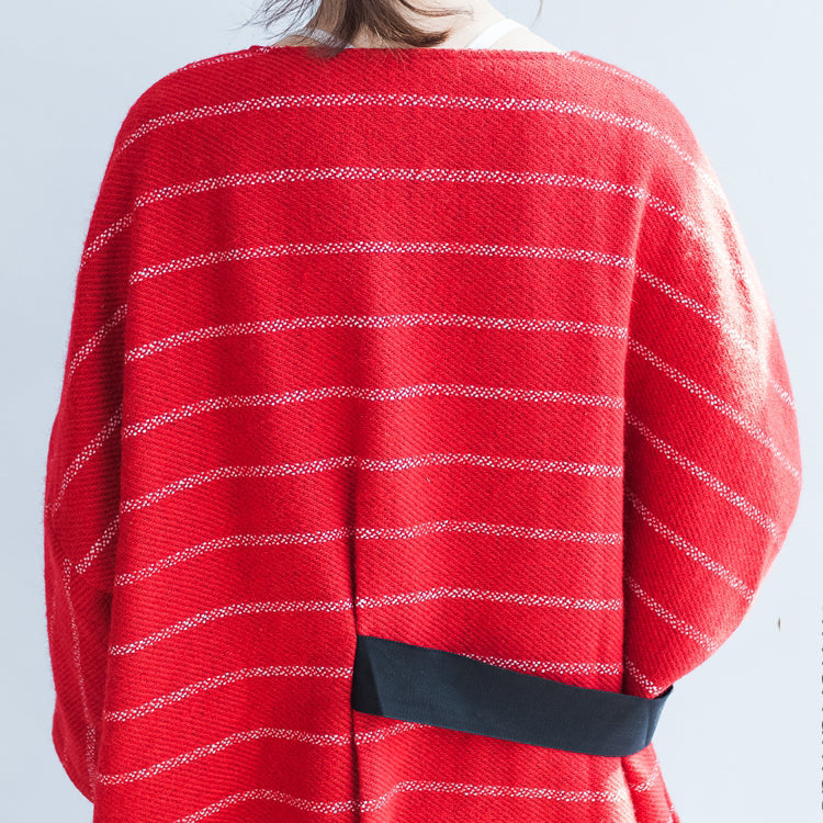 Autumn Red Striped Cotton Dresses Tie Waist Long Sleeve Woolen Dress