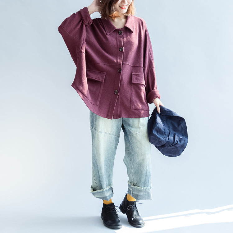 Autumn Warm Burgundy Cotton Short Coats Batwing Sleeve Jackets