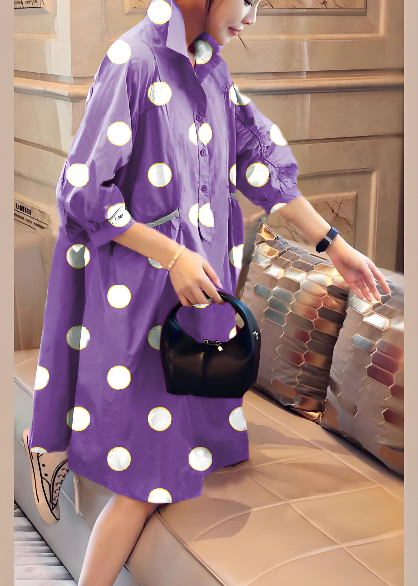 Pink Pockets Button Fall Half Sleeve Shirt Dress