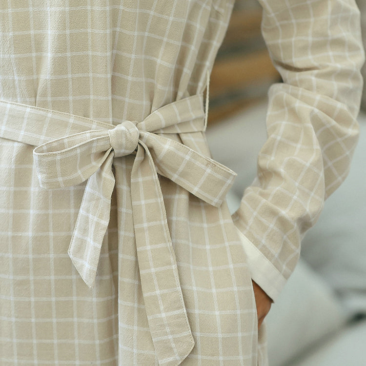 Baggy Plaid Turn-down Collar a Line Skirts Gown Tie Waist Autumn Dress