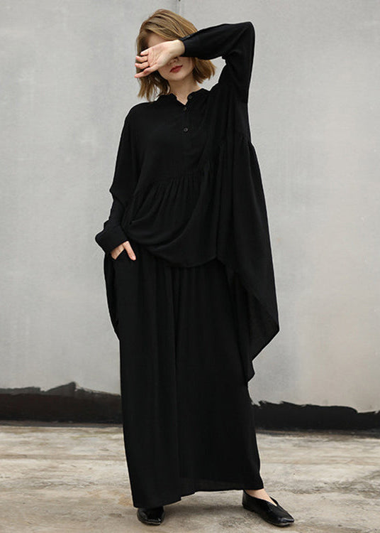 Baggy Black Natural Cotton T Shirt Two Pieces Loose Fitting Stand Collar Cinched Holiday Tops Baggy Trousers