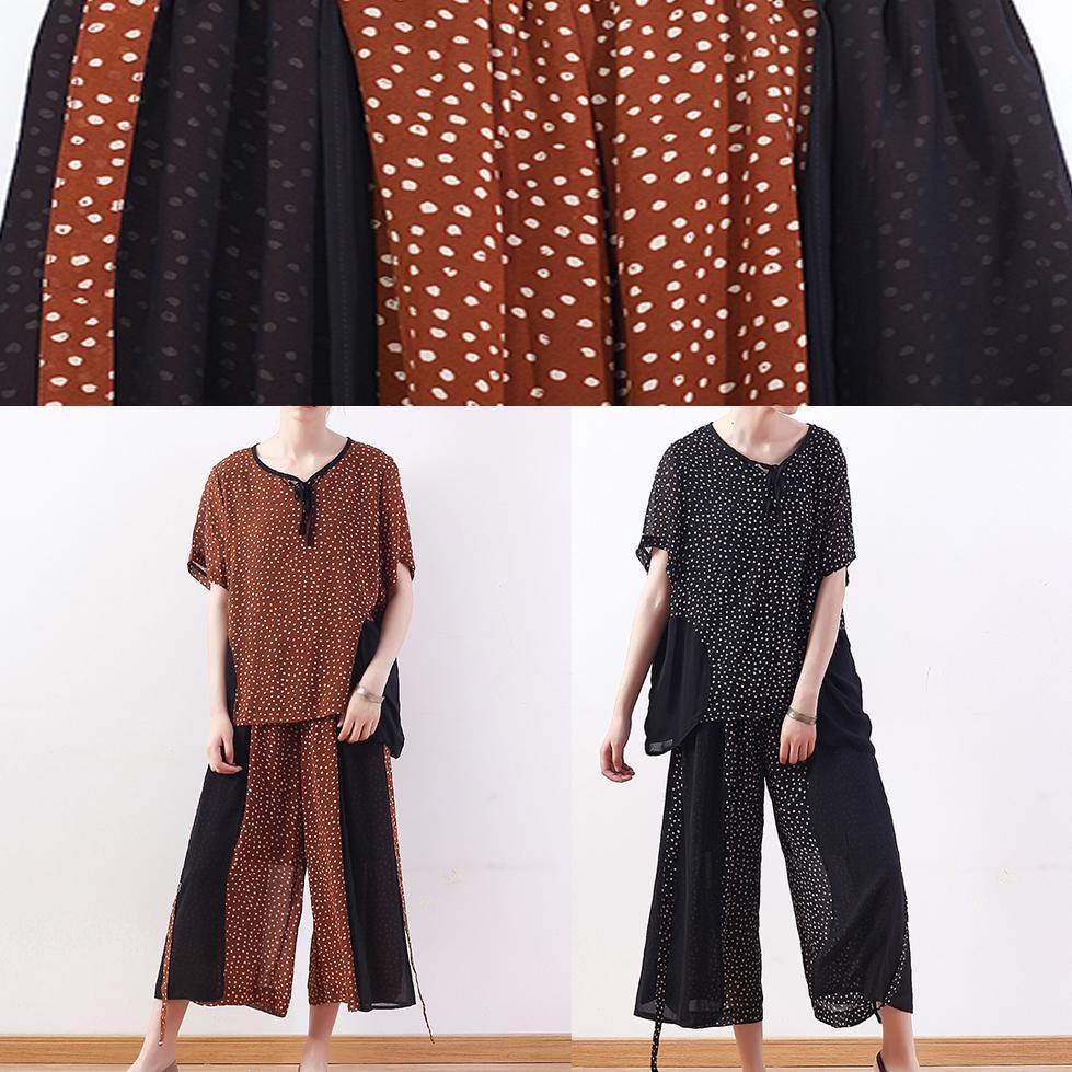 Black Dotted Chiffon Pullover Tops With Patchwork Pants Two Pieces