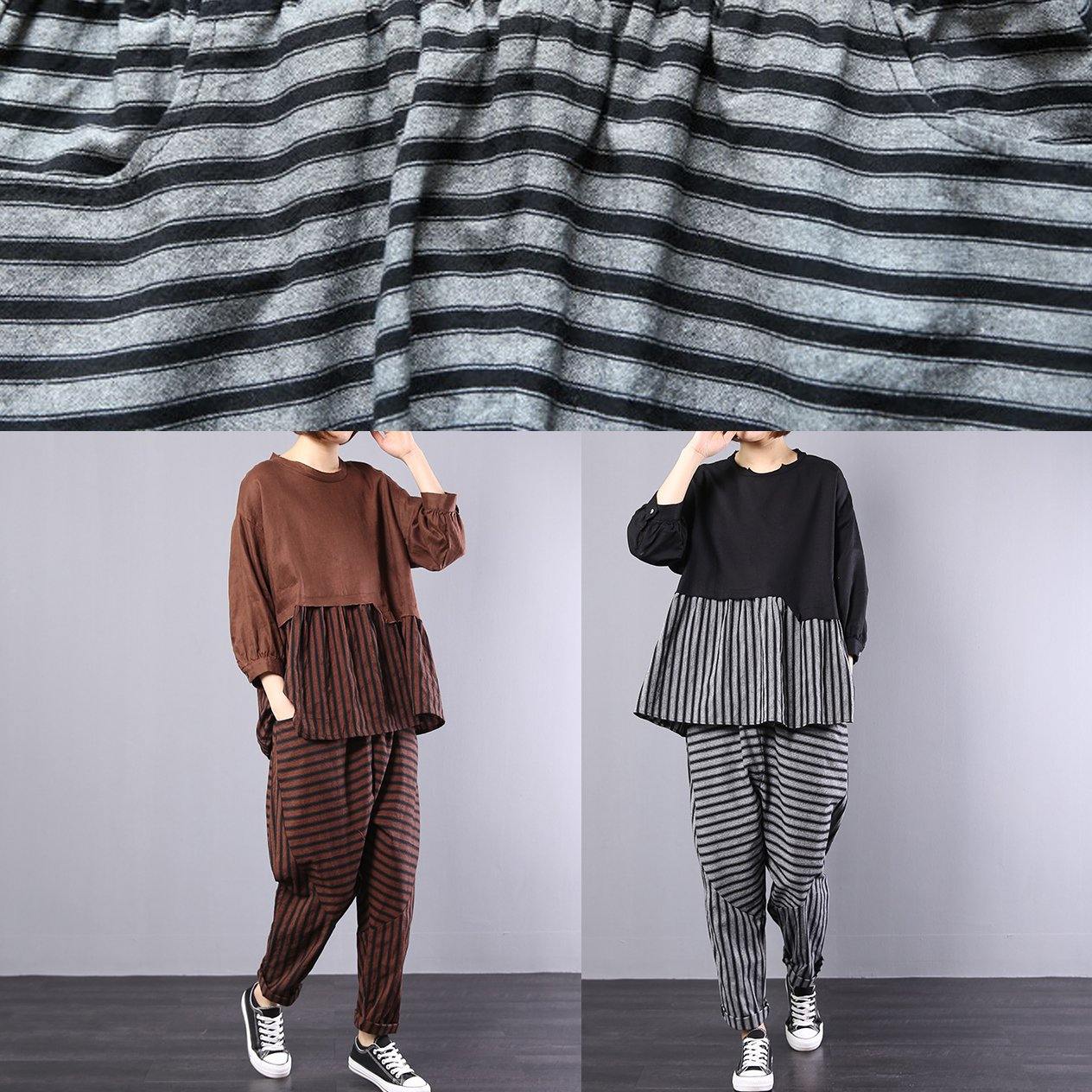 Black Patchwork Striped Two Pieces Cotton Linen Tops and Striped Harem Pants