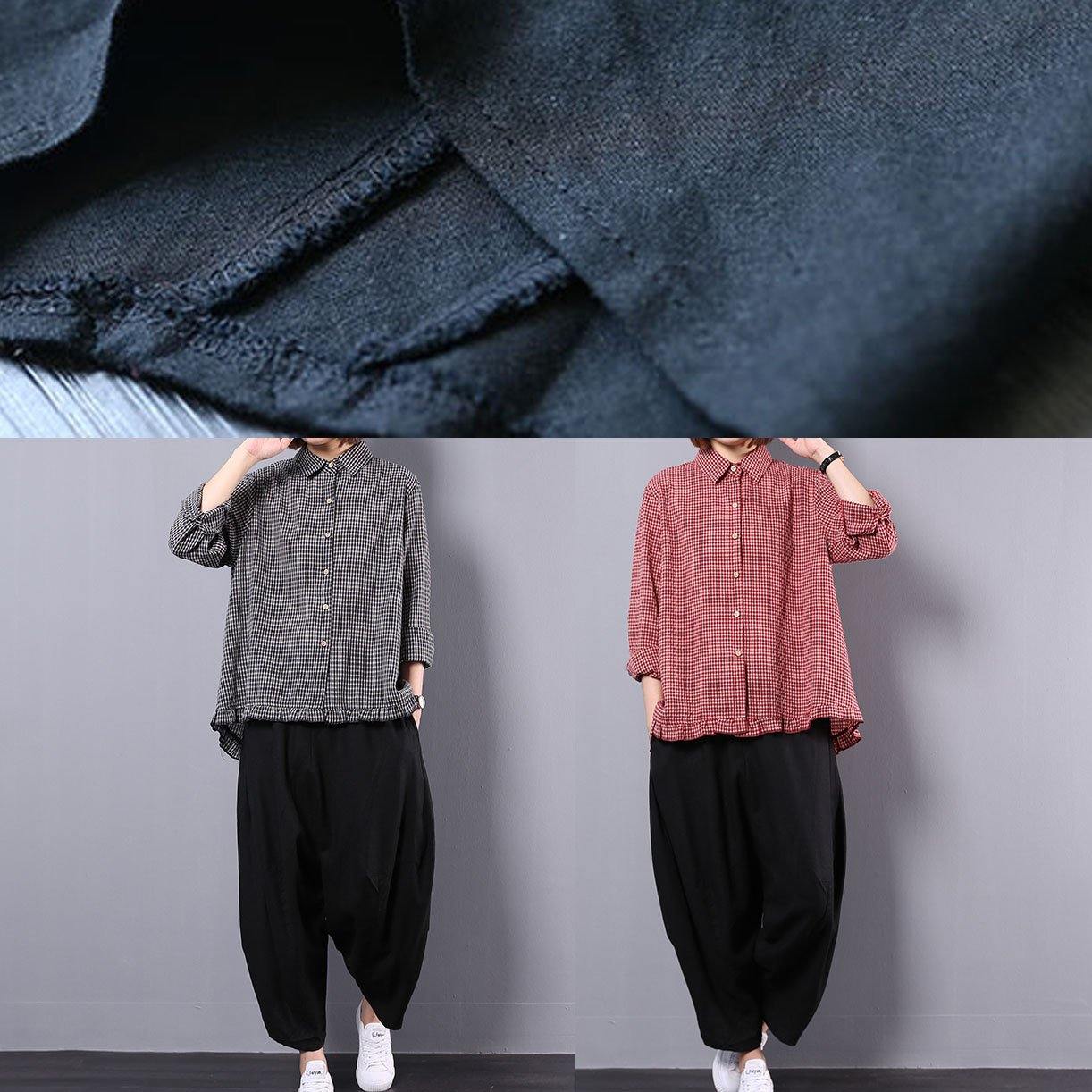 black plaid long sleeve cotton linen blouse with women black pants two pieces