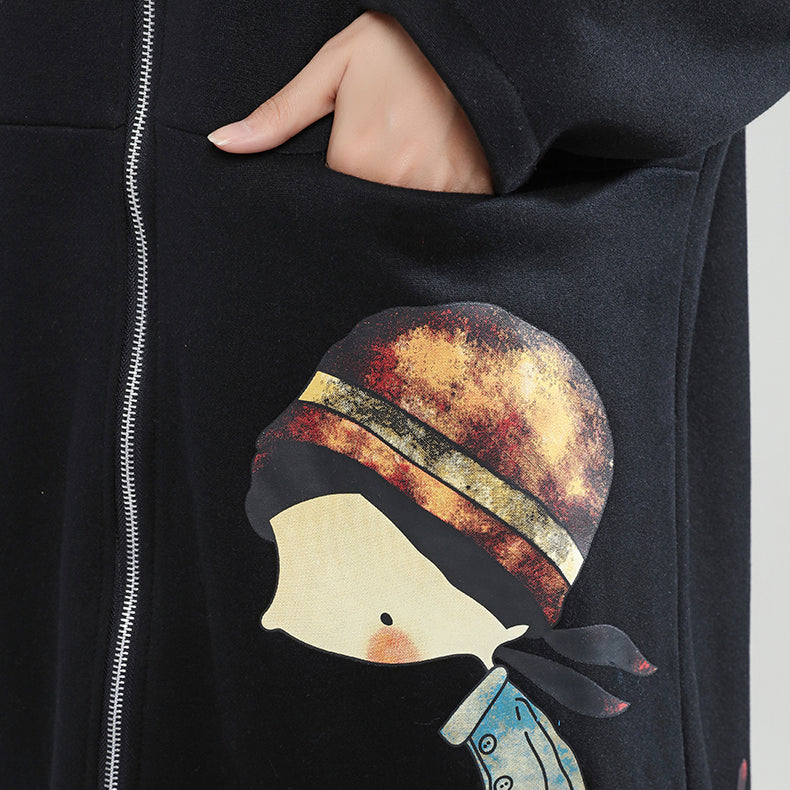 Black Winter Thick Cotton Zippered Cardigans Cartoon Prints Hooded Trench Coats