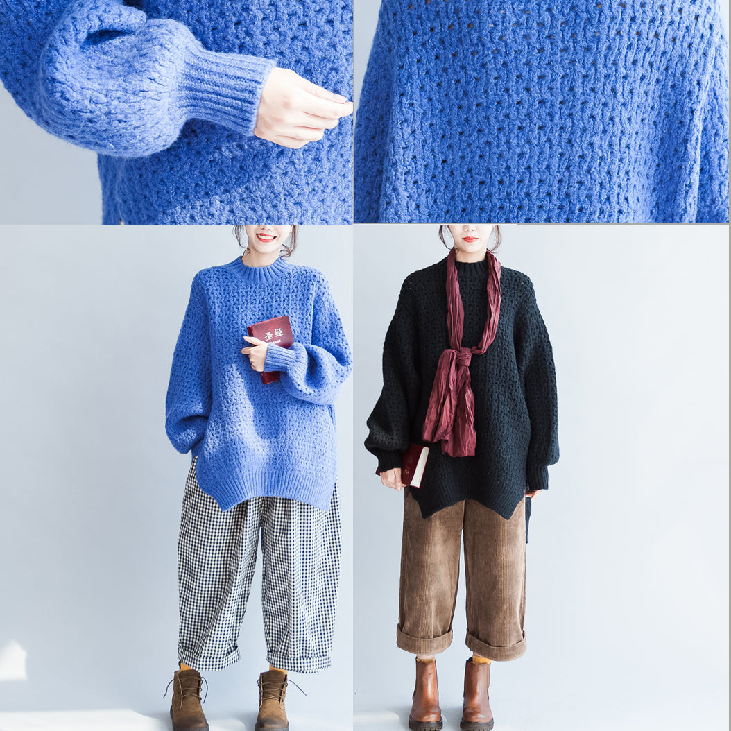 Blue Stylish Cotton Knit Tops Oversize Autumn Warm Sweater