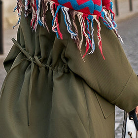 Boutique Army Green Patchwork Plaid Winter Coat Oversize O Neck Pockets Coats