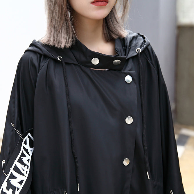 Boutique Black Coat Oversize Hooded Coat Batwing Sleeve Asymmetrical Design Coats