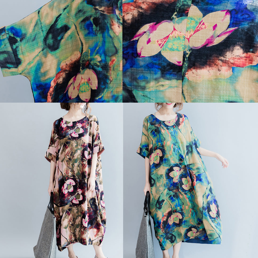 Boutique Blue Prints Long Linen Dresses Loose Fitting O Neck Linen Gown Short Sleeve Linen Caftans