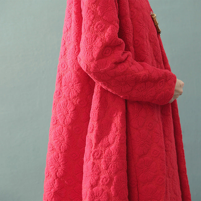 Boutique Red Maxi Coat V Neck Baggy Coats Fine Jacquard Wool Coat