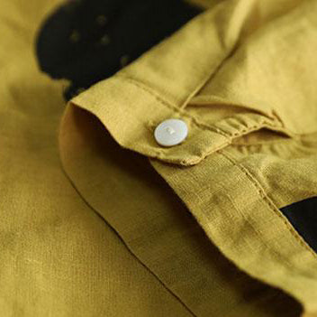 Brief Natural Cotton T Shirt Clothing Stand Collar Short Sleeve Loose Cotton Yellow Shirt