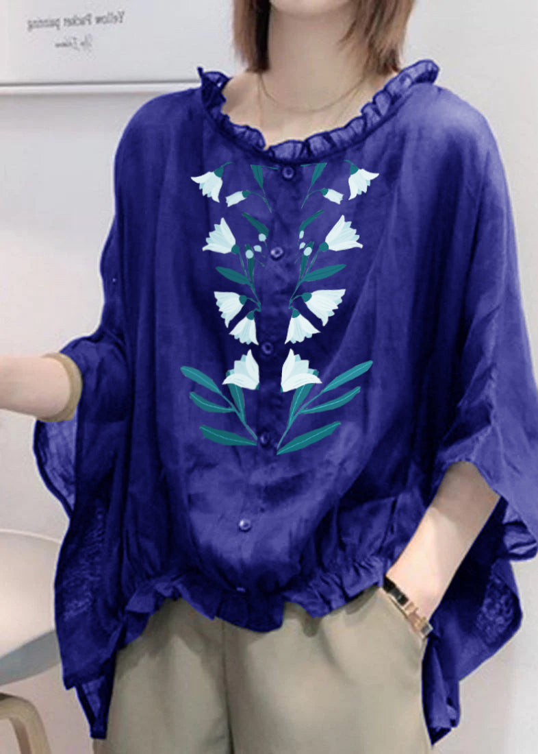 Art Pink Print Tops Ruffles Trim Half Sleeve Shirts Blouse