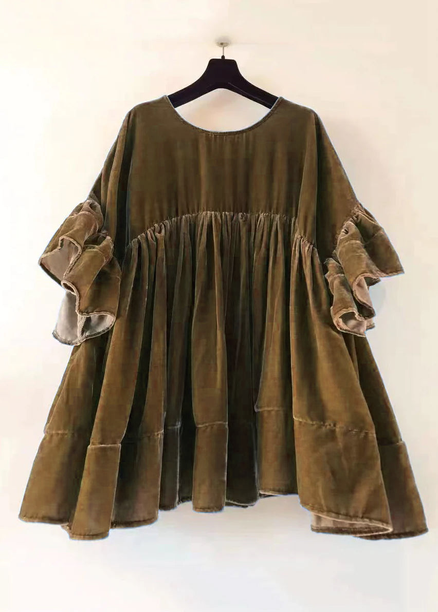 Red Wrinkled Patchwork Velour Short Dress Butterfly Sleeve