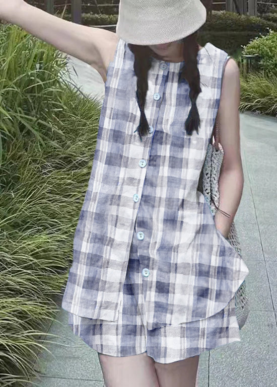 French Blue Tops and Shorts Linen Two Piece Set Summer