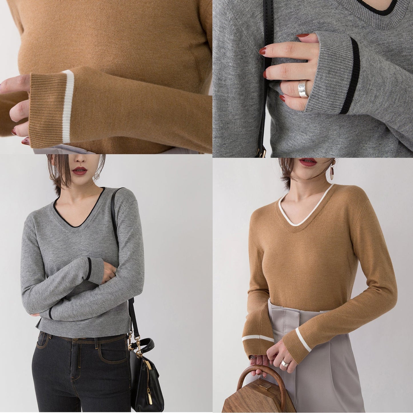 Chunky Brown Knit Tops Fall V Neck Knitted Blouses Fine Side Open Sweaters