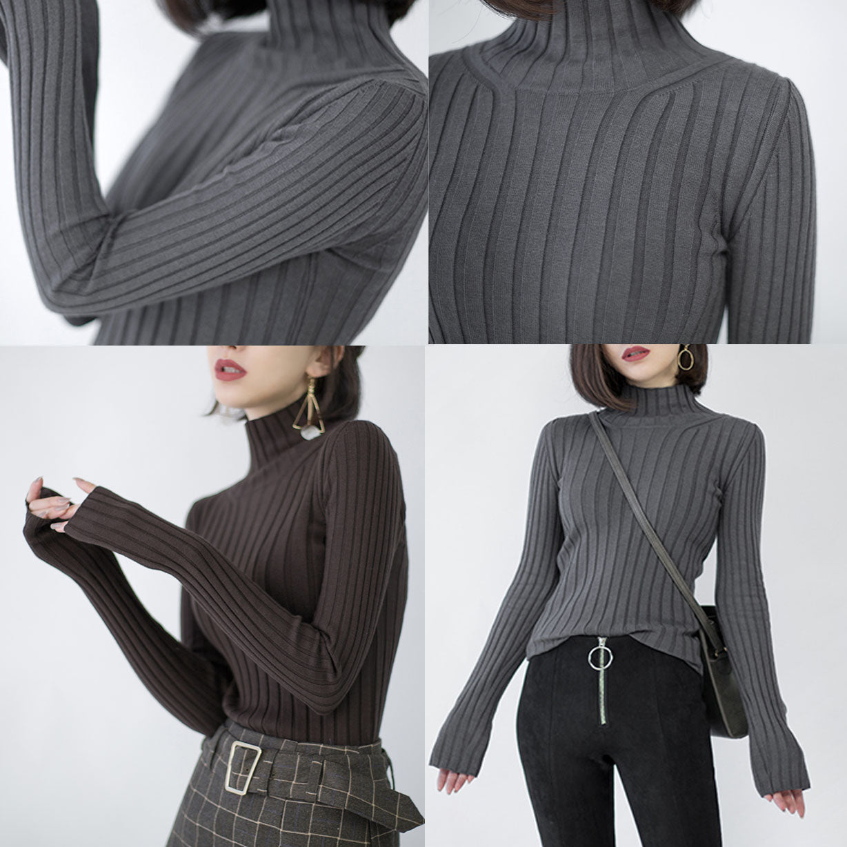 Chunky Dark Gray Knit Tops High Neck Sweaters Side Open Winter Sweaters