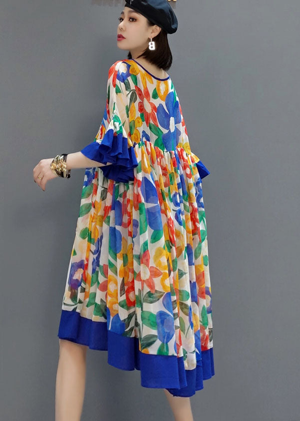 Diy Blue Wrinkled V Neck Print Chiffon Dresses Summer