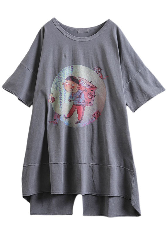 Diy Grey O-neck Print Asymmetrical Design Fall Dress Half Sleeve