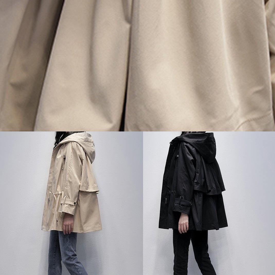 Diy Hooded Drawstring Fine Coat for Woman Black Baggy Outwear
