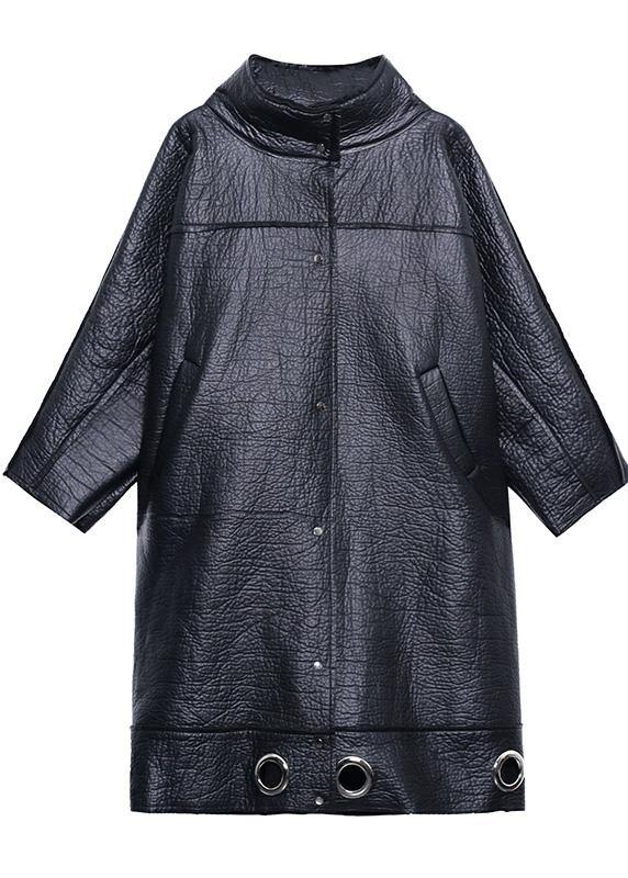 Diy Stand Collar Pu Clothes for Black Thick Loose Coats