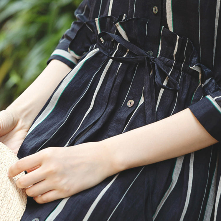 Black Striped Long Linen Dress O Neck Large Hem Linen Clothing Dresses Three Quarter Sleeve Tie Waist Maxi Dresses