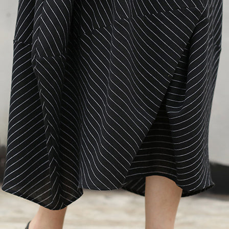 Black Striped Natural Cotton Dress Turn-down Collar Asymmetrical Design Caftans