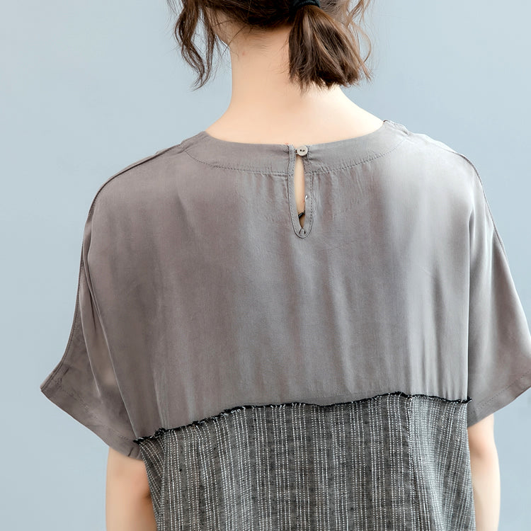 Gray Natural Linen Dress Oversize O Neck Patchwork Linen Clothing Dresses Short Sleeve Baggy Dresses